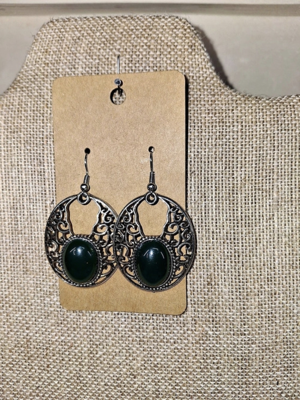 Filigree Drop Earrings in Green & Silver Like New